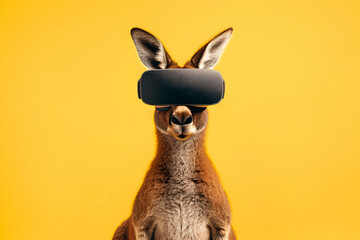 Portrait of a funny kangaroo in virtual reality glasses on yellow background. Studio shot	
 - obrazy, fototapety, plakaty