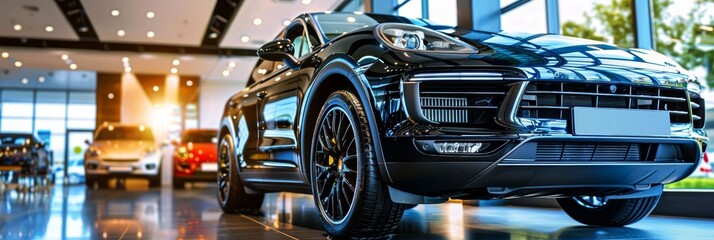 Obraz premium Luxurious black car displayed in modern showroom for sale and rent at car dealership office