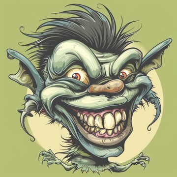 Laughing Troll Cartoon Character. Funny Gremlin Monster with Alien Features, Goblin-Like Appearance and Ghostly Character