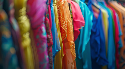 Colorful clothes on hangers for sale in shop. Summer season, assortment in a clothing store. Choice of cotton clothes of different colors on hangers,Brightly colored scarfs and veils in the Silk 

