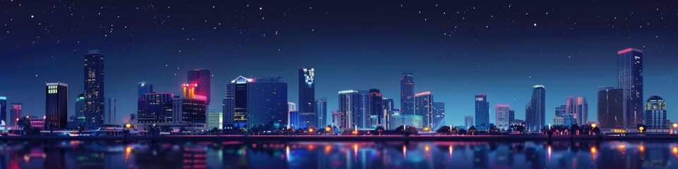Fototapeta na wymiar Nightscape: A Breathtaking Panorama of Downtown Skyline, Urban Architecture and Skyscrapers in the Vibrant City 
