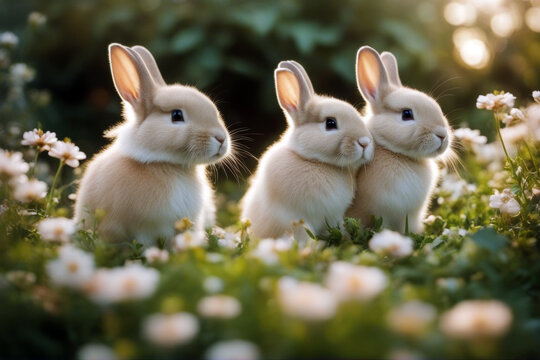 rabbits little sitting outdoors flowers sweet Two careful garden pretty pet farm funny beautiful yellow curiosity grass domestic easter furry cute playful play rabbit