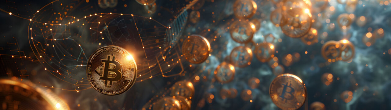 Sparkling Bitcoins floating in a golden digital space, symbolizing cryptocurrencies and virtual finance, wide banner.