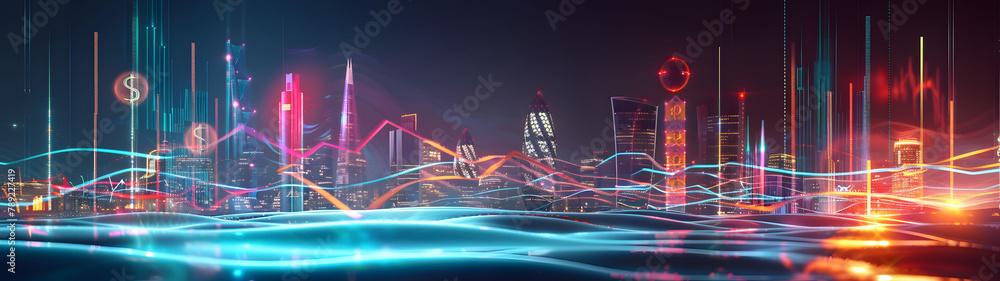 Poster futuristic cityscape with neon lights and abstract data streams, modern urban design with advanced t