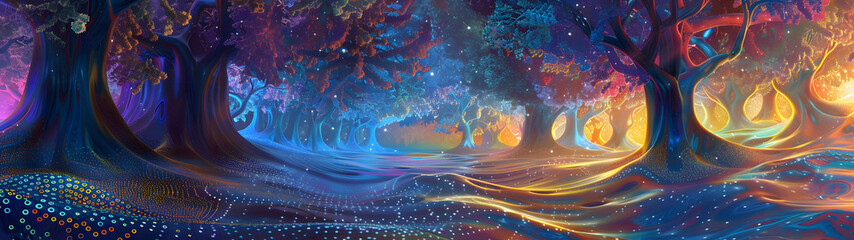 Enchanted forest with vibrant mystical colors, a magical journey through a dreamy landscape, conveying themes of fantasy, adventure, and mysticism, wide banner. - obrazy, fototapety, plakaty