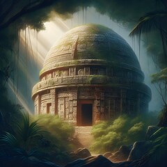 Obraz premium ai generated realistic beautiful ancient temple hidden in a forest with intricate carvings and surrounded by dense foliage and magnificent ancient buildings