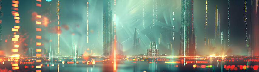 Futuristic cityscape with glowing neon lights and dynamic motion blur, themes of future cities, technology, and urban development, wide banner. - obrazy, fototapety, plakaty