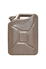 Metal gasoline canister. is isolated on transparent background. Closed gray fuel container...