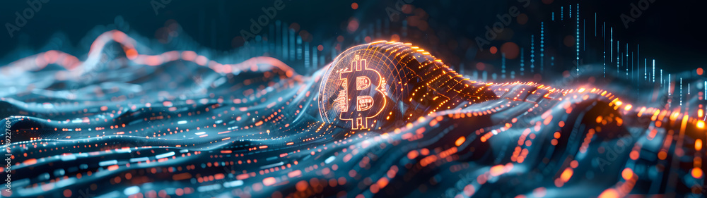 Aufkleber dynamic bitcoin visualization with glowing circuits and digital data flow, visualization symbolizes 