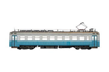 Old electric passenger rail car train isolated on white background.