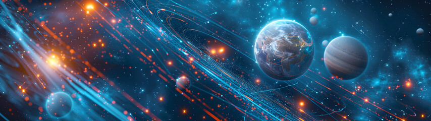 Stunning cosmic view of planets and stars in a vibrant theme related to astronomy, science fiction,...