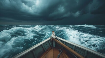 A stormy sea viewed from a small boat, illustrating the overwhelming fear of nature