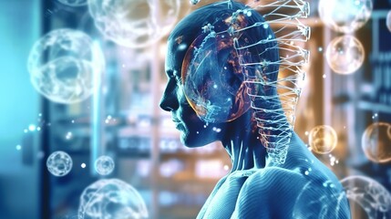3d rendering of female head with brain and neurons in digital background