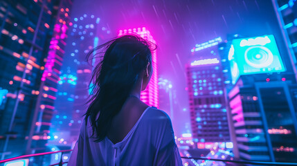 Young woman standing outside admiring the cityscape in a cyberpunk neon-lit setting.