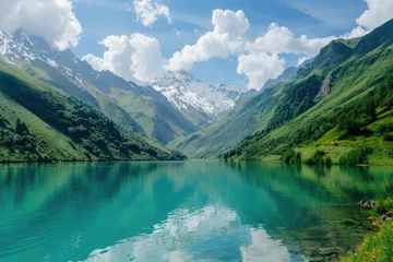 Fotobehang  Lake amidst Majestic Mountains. A Scenic Landscape of Pristine Water and Pure Nature in the Caucasus © Web