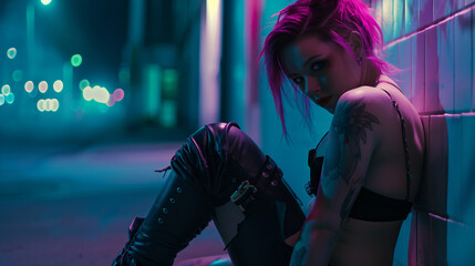 Young woman sitting outside admiring the cityscape in a cyberpunk neon-lit setting.