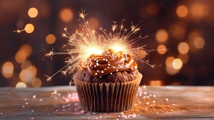 Chocolate cupcake with sparkler on wooden table with bokeh background