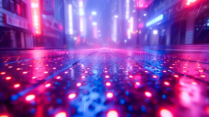 Cyberpunk cityscape, neon-lit wet urban street.
