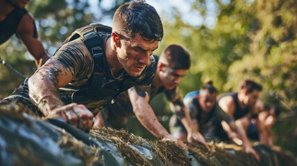 Teammates Help Agile Adult Over Wall on Bootcamp Obstacle Course - Image of Group of People Working Together to Overcome Obstacles on an Intense Obstacle Course - obrazy, fototapety, plakaty