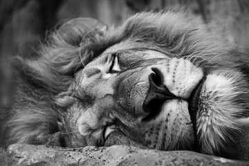 The Majestic Sleeping Lion: Captive Big Cat Resting Comfortably in the Zoo - obrazy, fototapety, plakaty