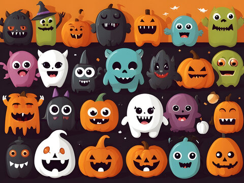 halloween seamless pattern with pumpkins , halloween seamless pattern with ghosts , set of halloween icons , set of halloween monsters , halloween monsters set