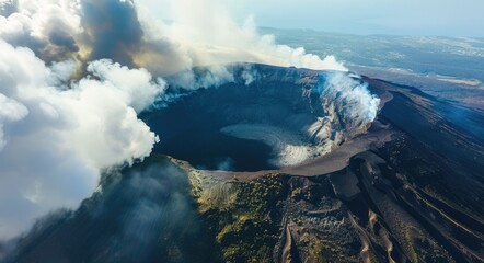 Volcano from the Air. Candid Aerial View of the Dangerously Colourful Crater Surrounded by Clouds on a Sunny Day. Top Destination for Adventurers