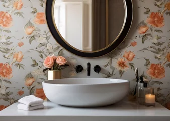 Rolgordijnen Modern retro colorful bathroom with basin and big mirror on the wall © triocean