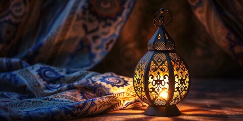 An illuminated traditional lantern against a backdrop of ornate fabric.