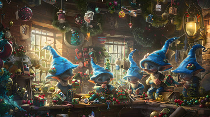 A band of pixies perched at their crafting station in the pixie plant. each fashioning distinct trinkets for the Yuletide. They have blue sharp bonnets on their heads