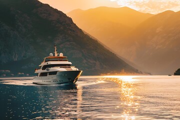 A luxury yacht heading to the mountains at sunset .