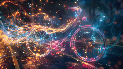 Mesmerizing neon lights on a classic bicycle in a moody, vibrant cityscape at night, visualization of fractal realms.