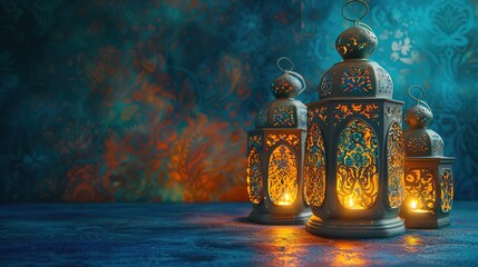 Traditional Arabic lanterns glow warmly on a blue backdrop. - obrazy, fototapety, plakaty