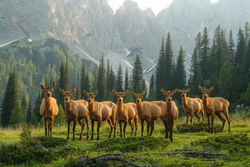 A peaceful herd of deer stands attentively in a sunlit meadow surrounded by dense forest and majestic mountain peaks, creating an idyllic nature scene - obrazy, fototapety, plakaty