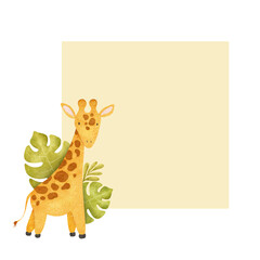 Frame Of Cute baby giraffe and tropical leaves. Funny kid's isolated hand drawn watercolor background. A design for children's invitation cards, baby shower, decoration of kid's rooms