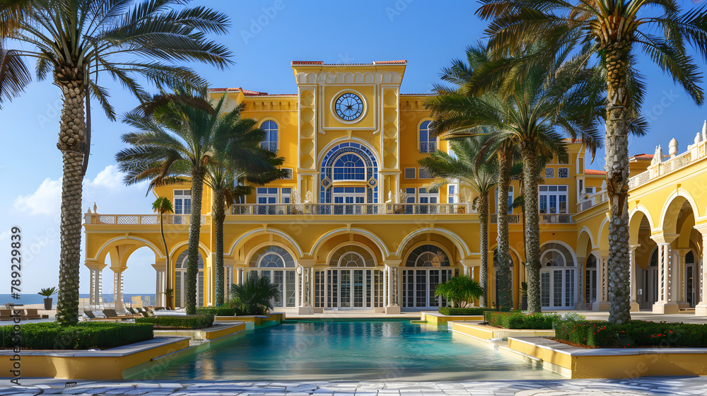 Poster a beautiful yellow palace with large windows and arches. on the front of it is an impressive crystal