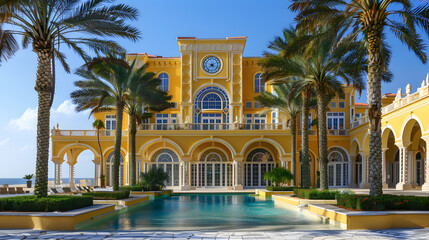A beautiful yellow palace with large windows and arches. on the front of it is an impressive crystal clock face. The building has palm trees around its edges and there is a pool in front