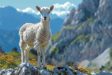 A young goat elegantly stands on a rock amidst vibrant flora with a breathtaking mountain range backdrop