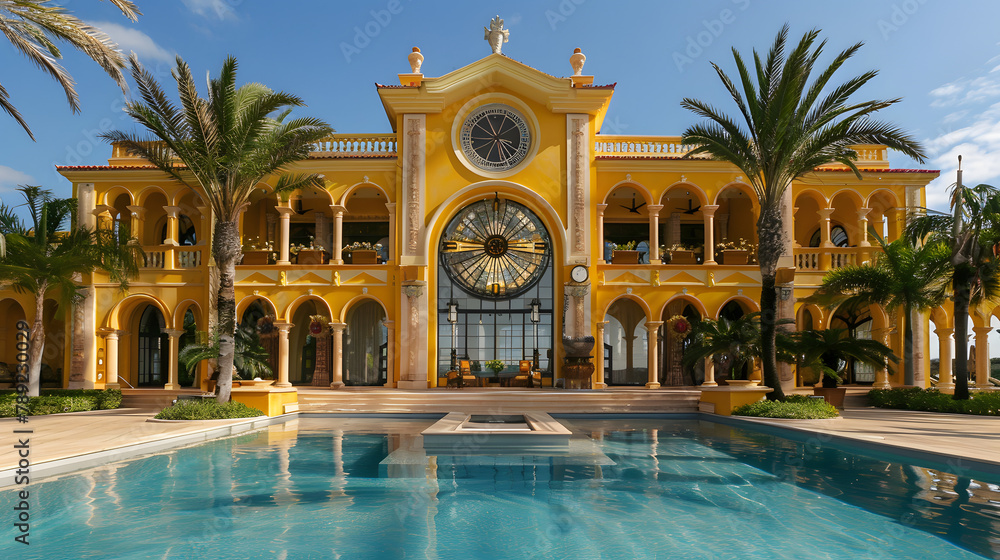 Poster a beautiful yellow palace with large windows and arches. on the front of it is an impressive crystal