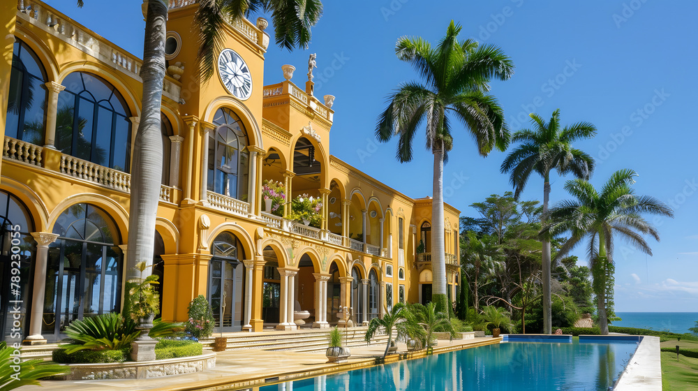 Poster a beautiful yellow palace with large windows and arches. on the front of it is an impressive crystal