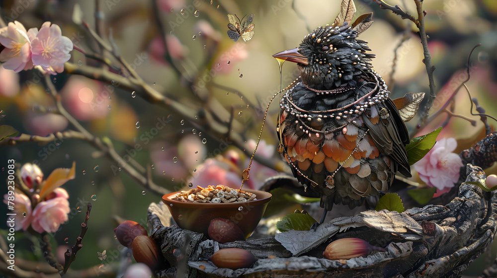 Poster a bird with a necklace is perching in a tree bark nest. wearing a vest and drinking nectar from a le