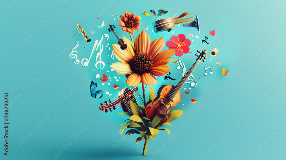 Poster a blooming flower with different musical instruments sprouting from it. symbolizing global music. a 