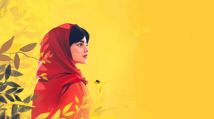 Illustration of woman in red hijab with floral elements on a yellow background