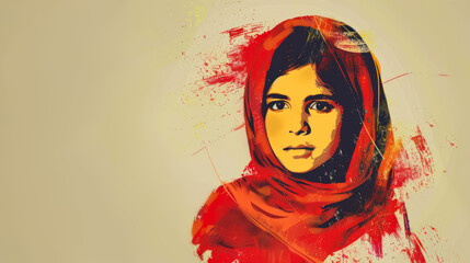 Illustration of young girl in red hijab with abstract background