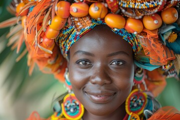An African woman with striking headwear decorated with fruits and vibrant beads shows a serene...