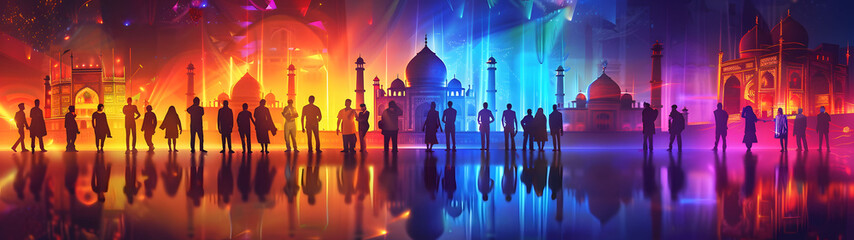 People dance against a backdrop of glowing, colourful lights, vividly radiating hues of blue, red, purple, and green, wide banner. - obrazy, fototapety, plakaty