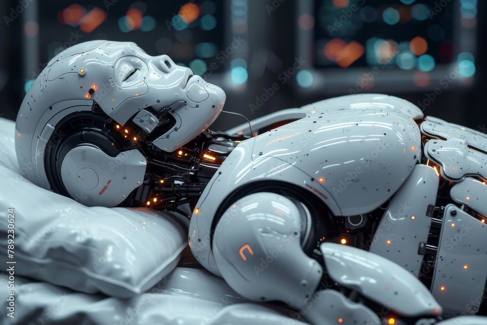 Poster intricately designed realistic robot lying down showcasing advanced technology and artificial intell