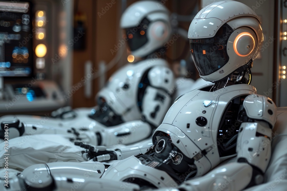 Poster pair of modern human-like robots in a technologically advanced laboratory setting being programmed f
