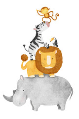 African animals stand on top of each other lion, rhinoceros, zebra, toucan and monkey. Funny kid's isolated hand drawn watercolor illustration. For cards, baby shower, posters, kid's goods and rooms © Fedulova_art