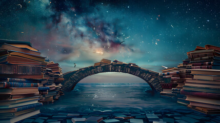 A bridge spans across an infinite expanse of old books. symbolizing the impact and beauty of knowledge. The sky is indigo with silver stars - obrazy, fototapety, plakaty