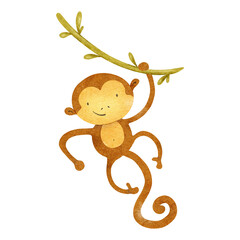 Cute baby monkey hanging on liana. Isolated hand drawn watercolor illustration of marmoset. African animal. Kid's Safari. Macaque for design baby shower, cards, posters, kid's goods and rooms